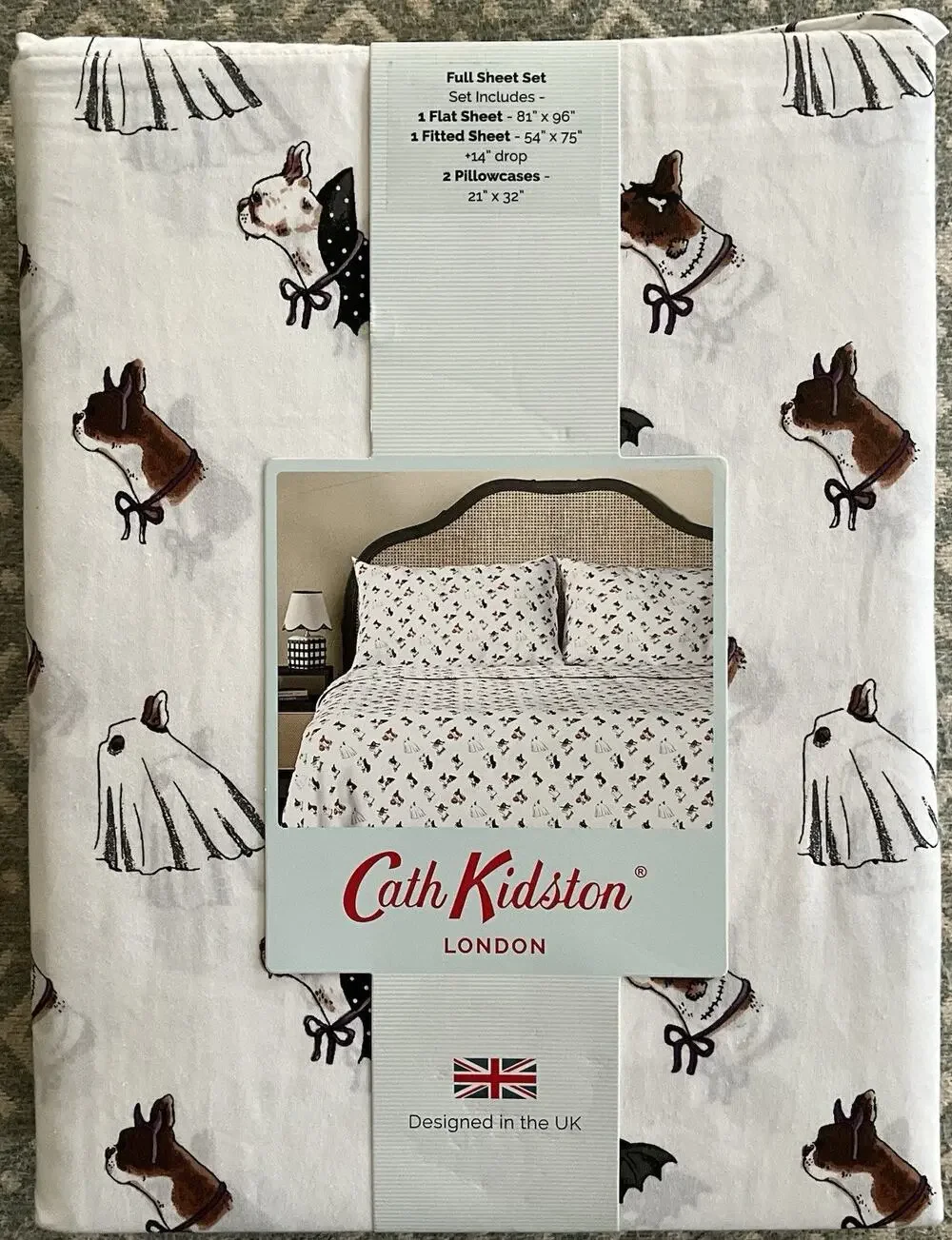 NEW Cath Kidston SPOOKY DOGS Full 4 Pc Cotton Sheet Set Halloween Costumes White